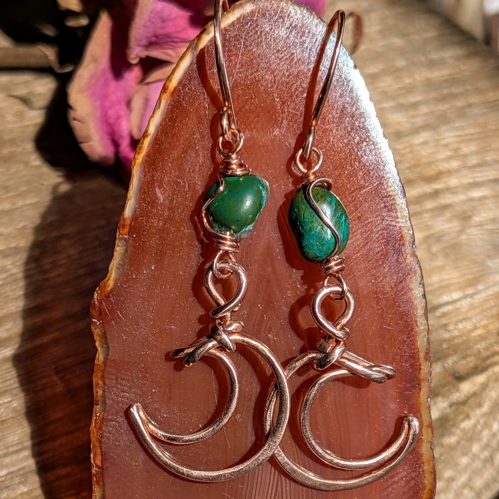 Dreamy Copper Moon Earrings Mediterranean Blue-Green Gemstones - Picture 12 of 12